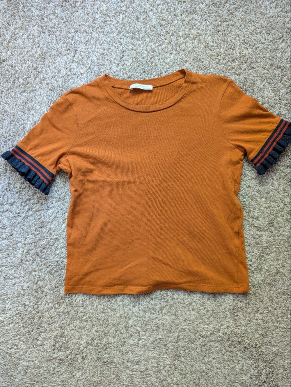 Zara Rust Orange Short Sleeve Tee with Navy Stripe Ruffle Cuffs‎ Sz S
